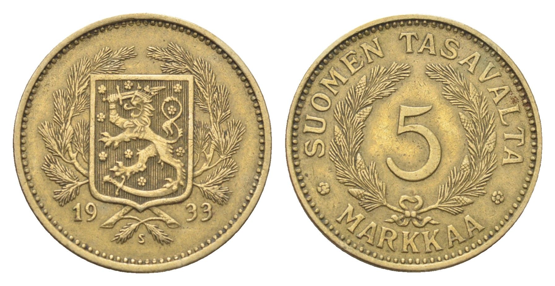 Финляндия 5 марок 1933 KM 31 алюминиевая бронза 4706-733
