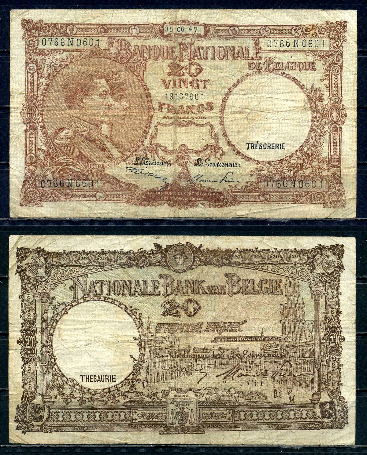 Бельгия 20 франков 1947 05.06.1947, Король Альберт I и его жена Королева Елизавета, Гран-Плас / Гроте Маркт, Брюссель Pick 111 (3) бумага 6301-35-1-2