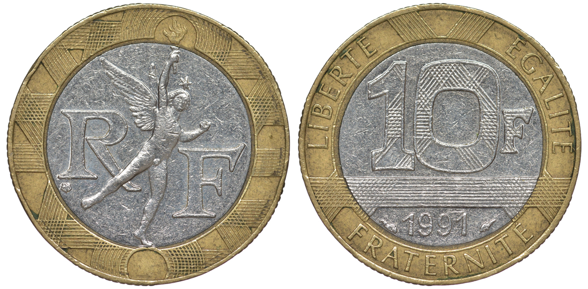 Франция 10 франков 1991 тип гений Бастилии KM 964.1, Le Frank 375.6 биметалл 45-933