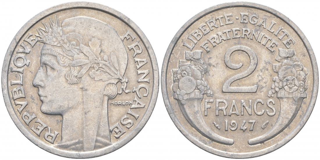 Франция 2 франка 1947 KM 886а.1 алюминий 3855-644