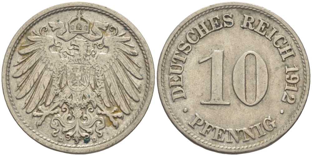 ГЕРМАНИЯ 10 ПФЕННИГОВ 1912 D KM 12, J. 13 медно-никель 33-621