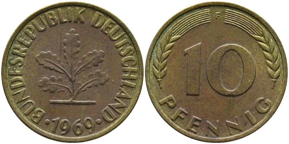 ФРГ 10 ПФЕННИГОВ 1969 F KM 108, J.383 сталь плакированная латунью 98-426