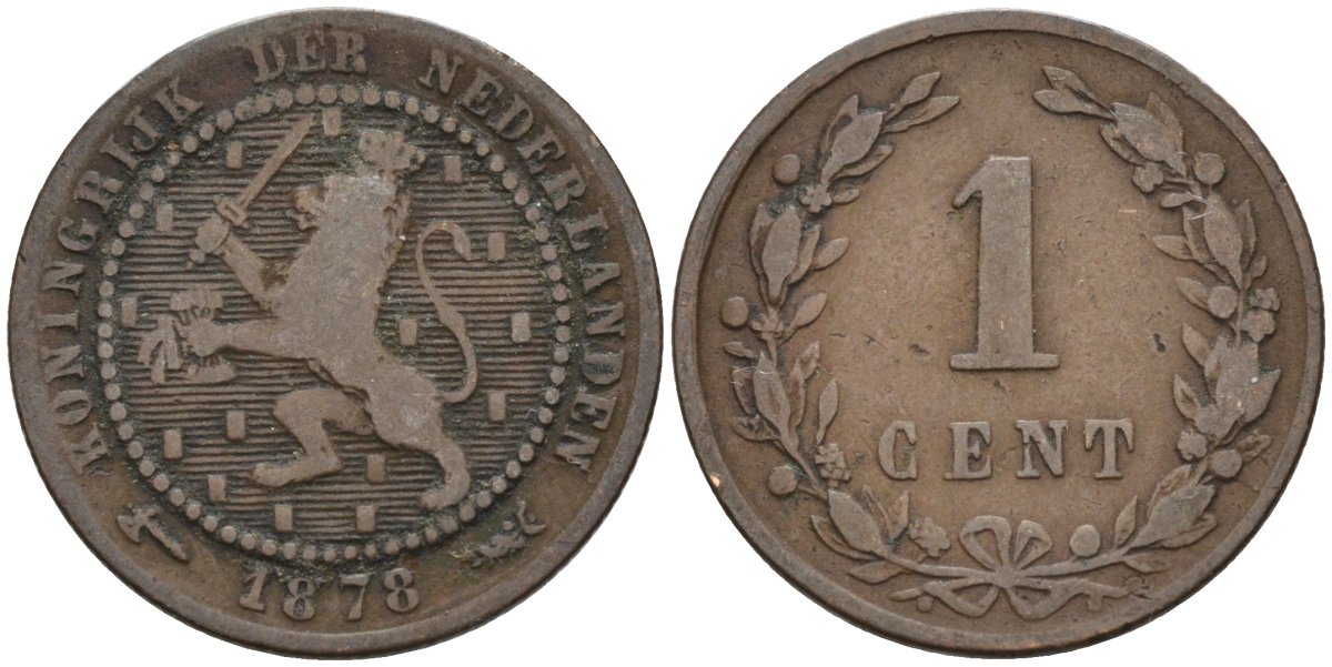 Нидерланды 1 цент 1878 Виллем III (1849-1890) KM 107 бронза 4576-528