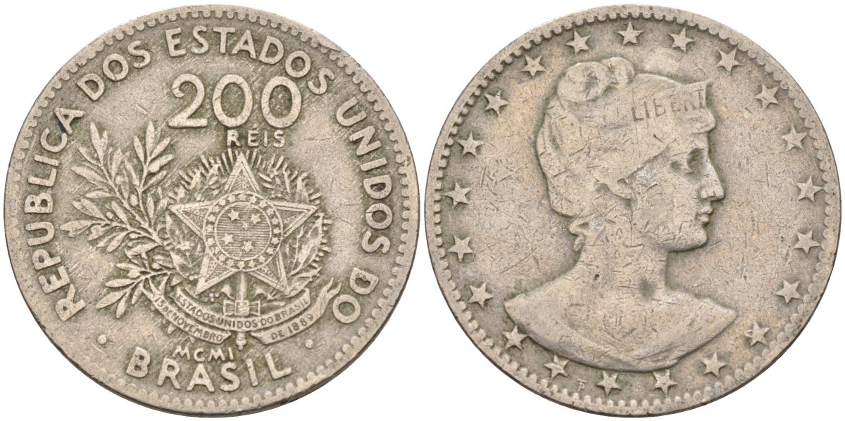 Бразилия 200 рейс 1901 голова свободы вправо KM 504 медно-никель 4589-1117