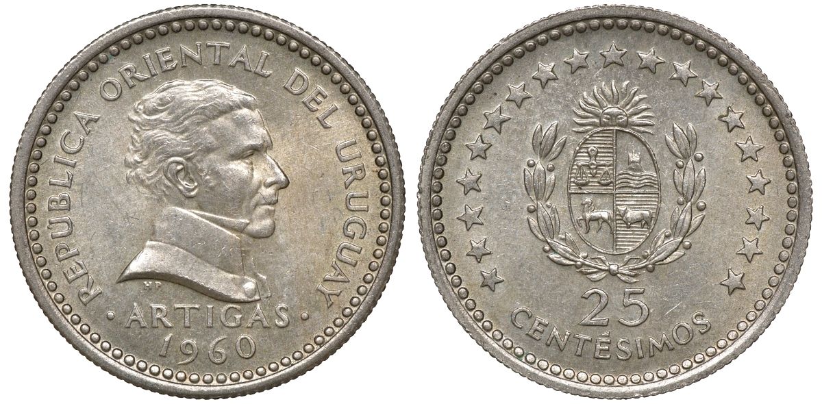 Уругвай 25 сентесимо 1960 KM 40 медно-никель 4169-1043