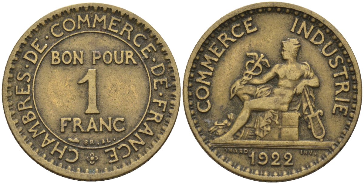 Франция 1 франк 1922 KM 876 алюминиевая бронза 4143-531