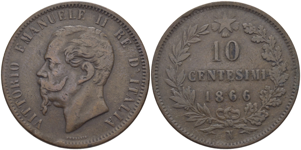 ИТАЛИЯ 10 ЧЕНТЕЗИМО 1866 N, ВИКТОР ЭММАНУИЛ II (1861-1878) KM 11.4 медь 97-1016
