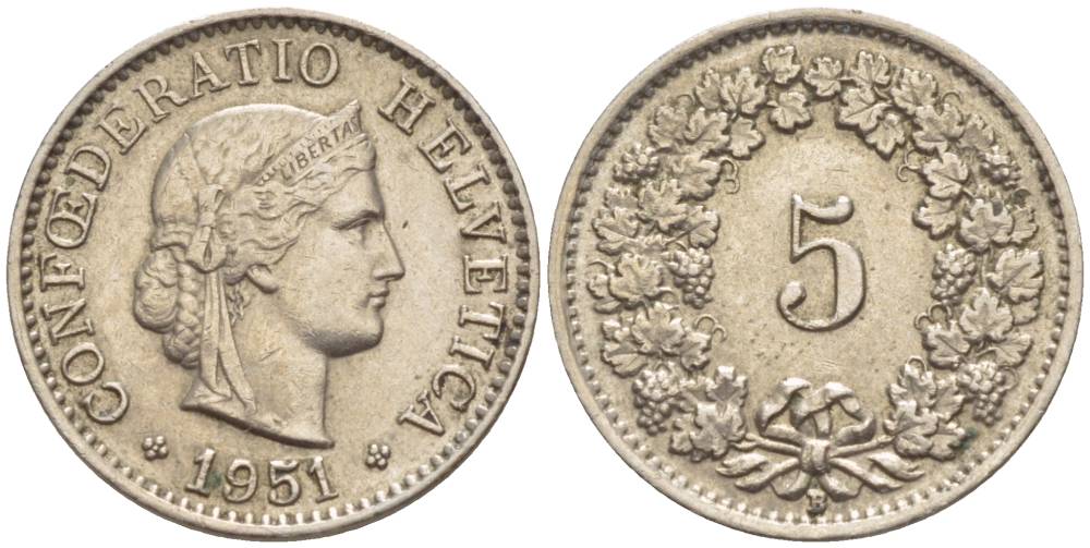 ШВЕЙЦАРИЯ 5 РАППЕНОВ 1951 В KM 26 медно-никель 4532-946