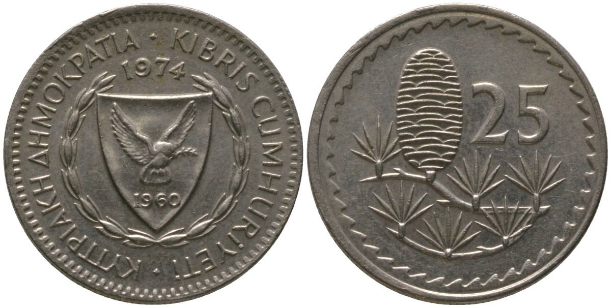 Кипр 25 милей 1974 KM 40 медно-никель 4567-662
