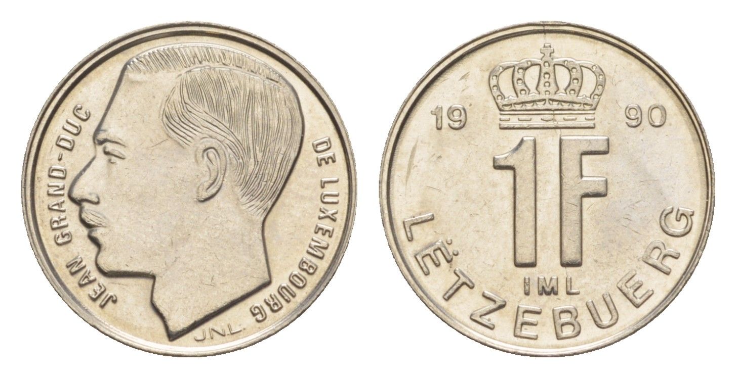 Люксембург 1 франк 1990 Герцог Жан (1964-1999) KM 63 сталь плакированная никелем UNC 4643-555