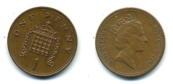 Великобритания 1 пенни 1987 Елизавета II (1952-2022) КМ 935, Spink 4381 (B3) бронза 4110-833