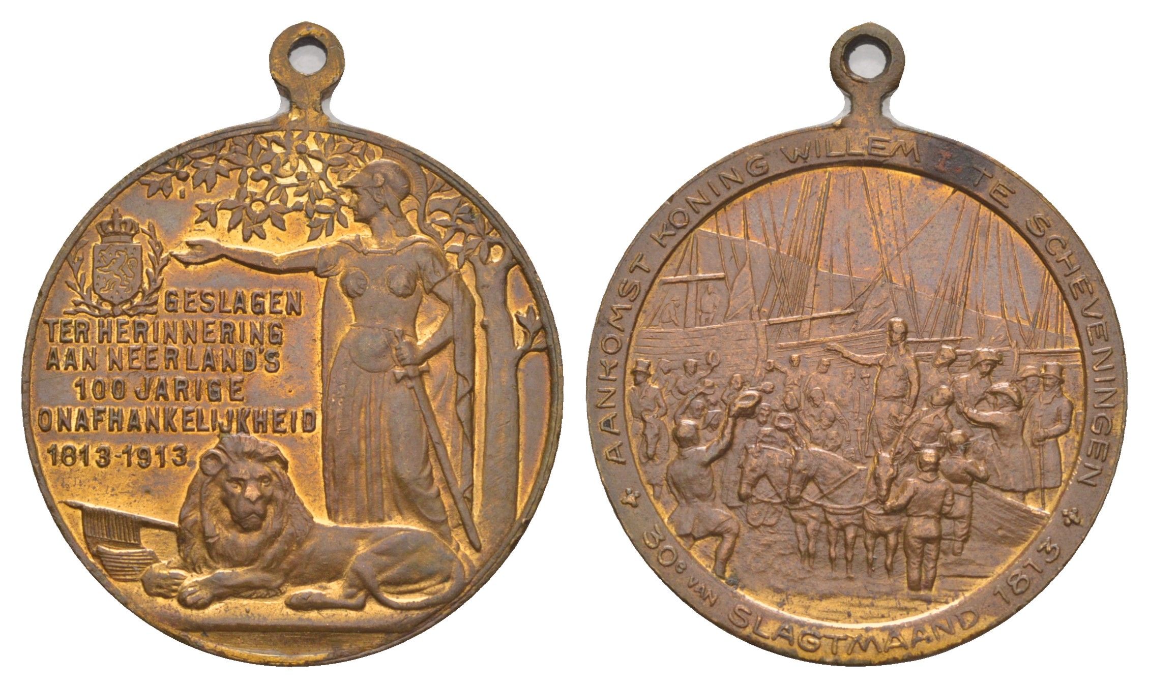 Нидерланды медаль "100-летия независимости Нидерландов 1813–1913" 1913 Прибытие короля Виллема I в Схевенинген, диаметр 29 мм, вес 9 гр бронза 4044-1313