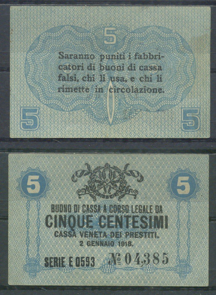 Италия 5 чентезимо 1918 Венецианский ссудный банк Pick M1 бумага aUNC 7554-9-1-1