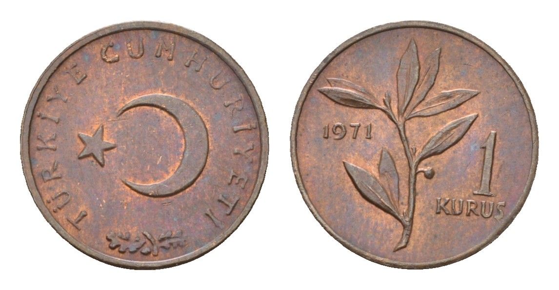 Турция 1 куруш 1971 KM 895a бронза UNC 4674-464