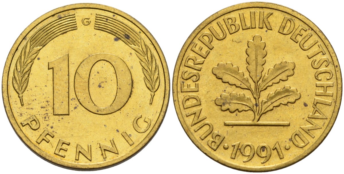 ФРГ 10 пфеннигов 1991 G KM 108, J. 383 сталь плакированная латунью 4175-1141