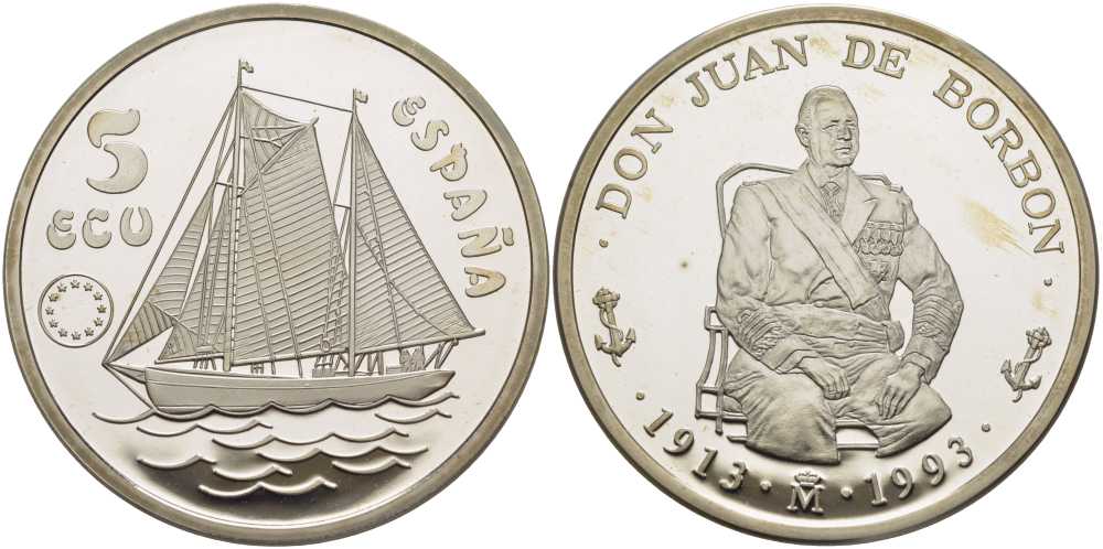 Испания 5 экю 1993 Хуан Карлос I (1913-1993), парусник, в оригинальной деревянной коробке, с сертификатом  серебро  PROOF  4-3-1-14
