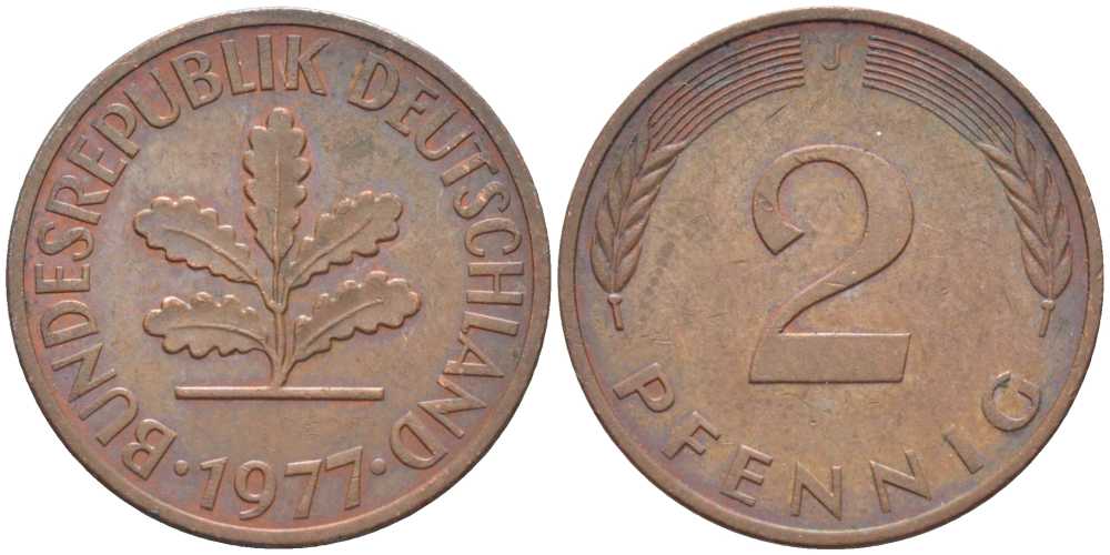 ФРГ 2 пфеннига 1977 J KM 106а, J.381а сталь плакированная медью 116-335