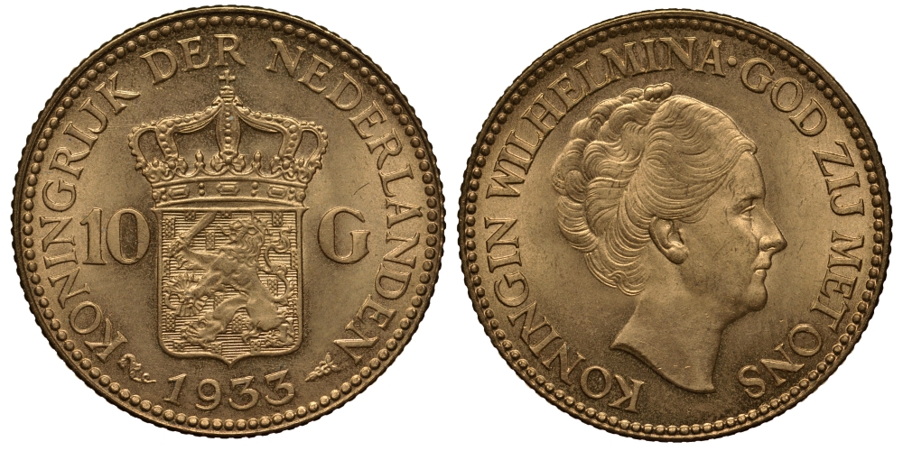 Нидерланды 10 гульденов 1933 Вильгельмина KM 162 золото UNC 00-000-00