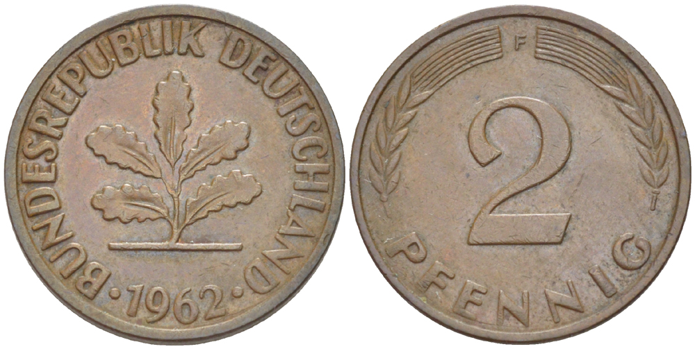 ФРГ 2 ПФЕННИГА 1962 F KM 106, J. 381 бронза 4181-729