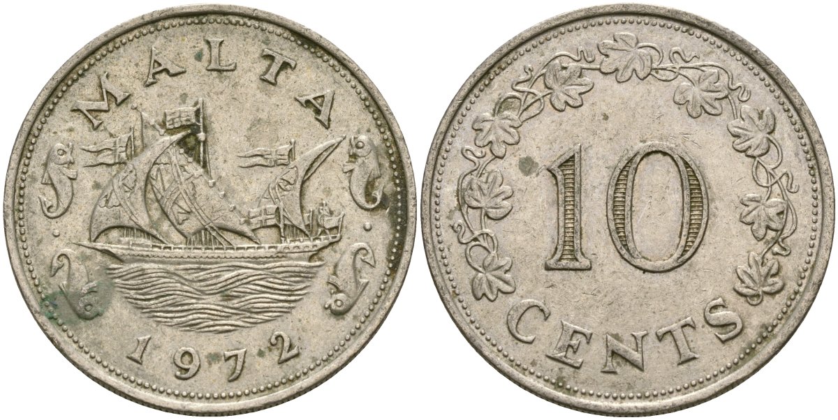 Мальта 10 центов 1972 баржа Великого магистра KM 11 медно-никель 4137-921