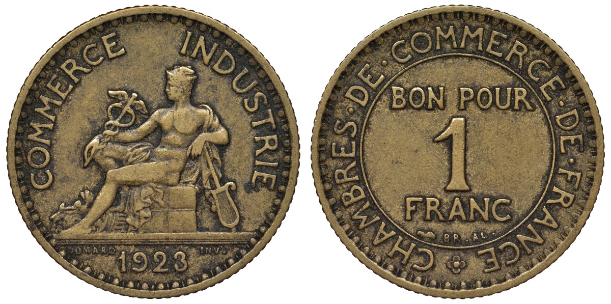 Франция 1 франк 1923 тип Chambres de Commerce KM 876, Le Franc 218.5 алюминиевая бронза 4128-314