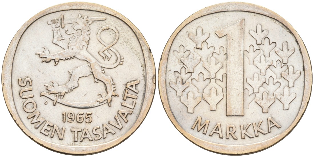 Финляндия 1 марка 1965 S KM 49 серебро 4563-455