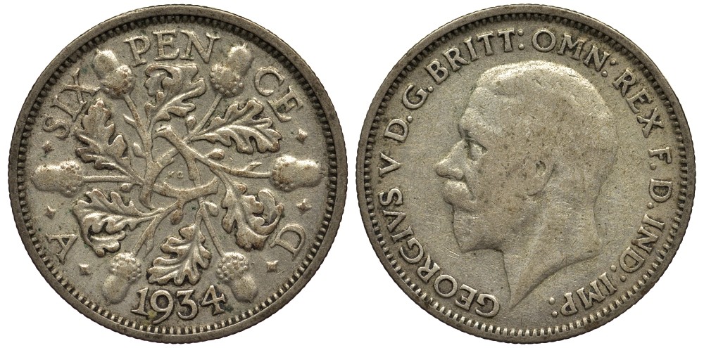 Великобритания 6 пенсов 1934 Георг V (1910-1936) KM 832, Spink 4041 серебро 4538-354