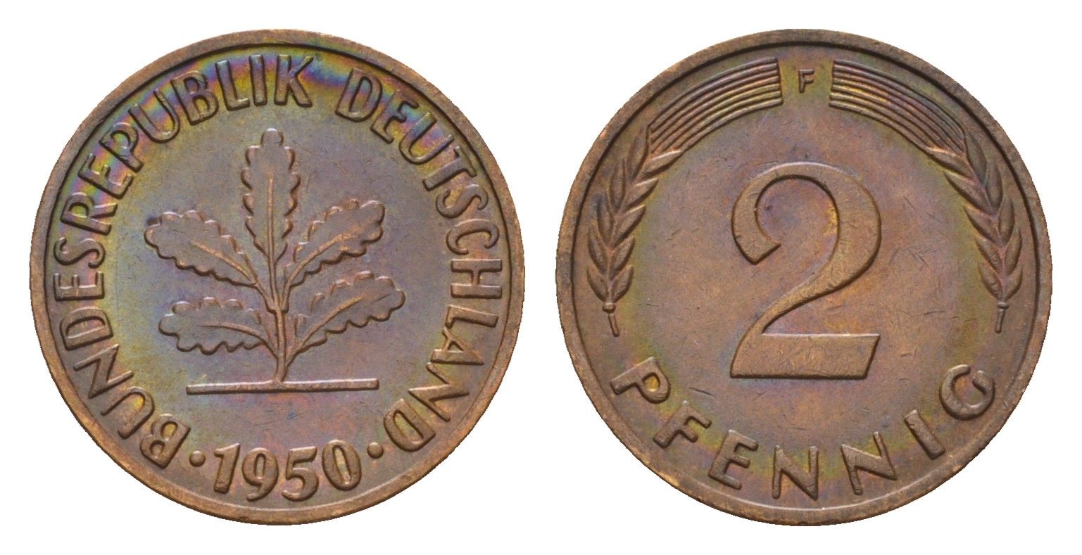 ФРГ 2 пфеннига 1950 F KM 106, J. 381 бронза 4596-1118