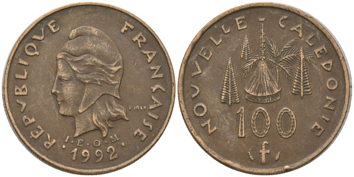 Французская Новая Каледония 100 франков 1992 хижина среди сосен и пальм, (IEOM) KM 15, Schoen 16, Lec 137 никель латунь 4140-546