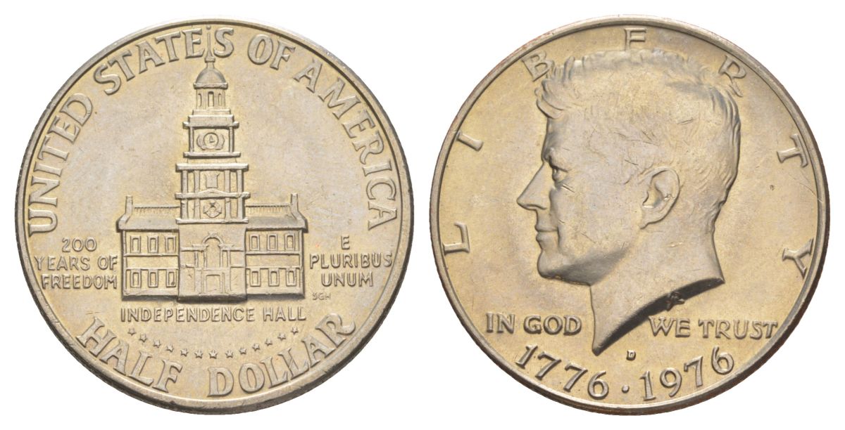 США 1/2 доллара (50 центов) 1976 D, 200 лет независимости, Джон Кеннеди KM 205 медь плакированная медно-никелем aUNC 4565-532