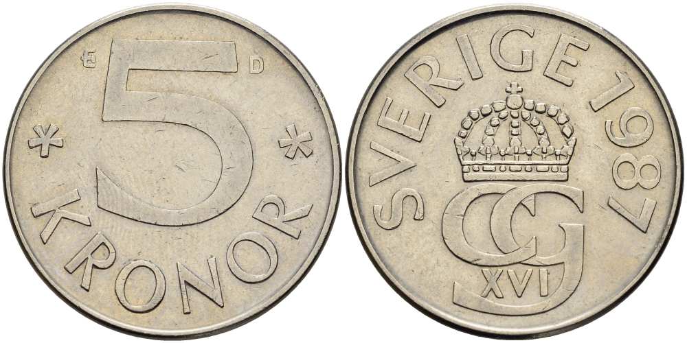 Швеция 5 крон 1987 D, Карл XVI Густав (1973- ) KM 853 медно-никель 4517-524