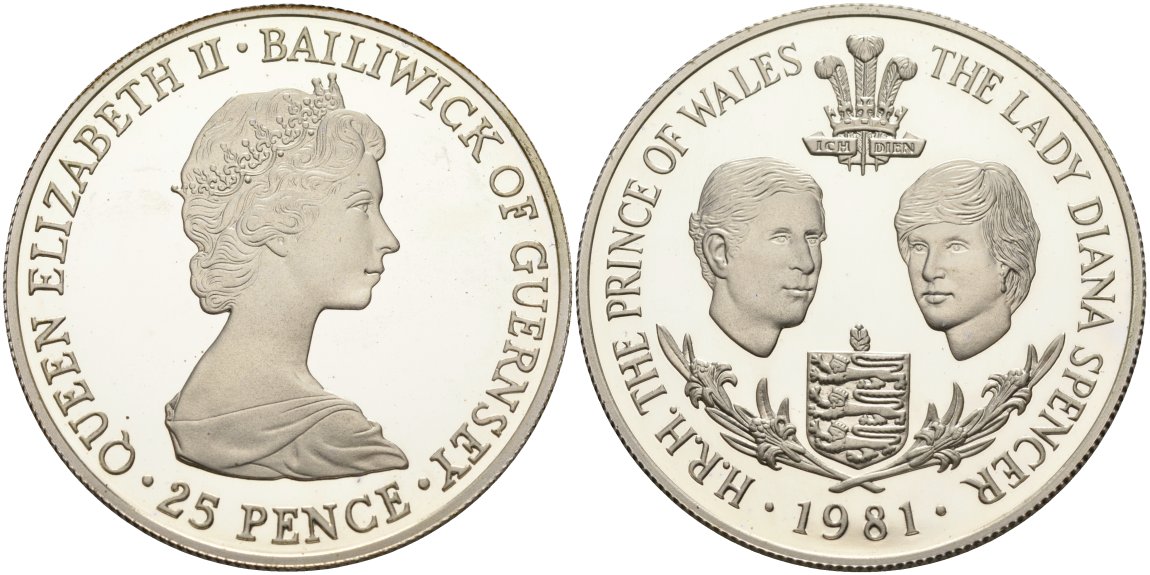 Гернси 25 пенсов 1981 свадьба принца Чарльза Уэльского и леди Дианы KM 36a серебро PROOF 7-5-1-15