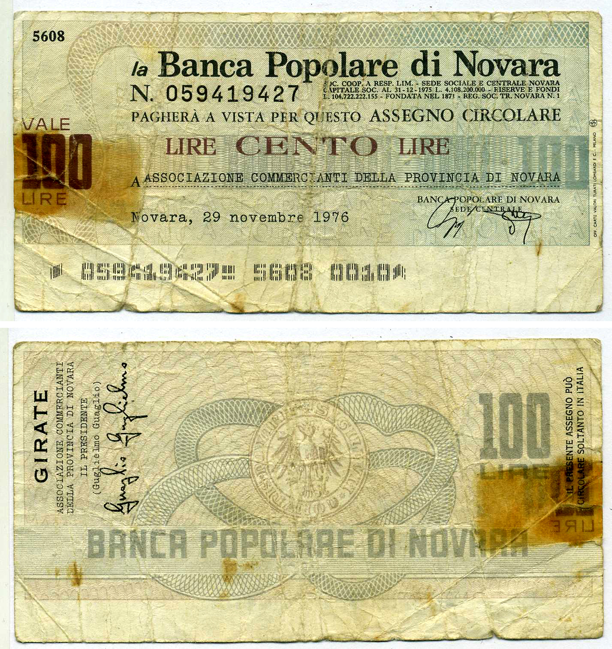 Италия чек на 100 лир 1976 29 ноября 1976, Banca Popolare di Novara   бумага   8603-5-3-2