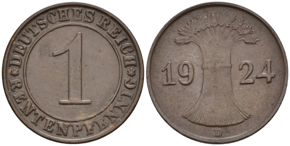 Германия 1 рентенпфенниг 1924 D KM 30, J.306, Weege 1 медь 4585-543