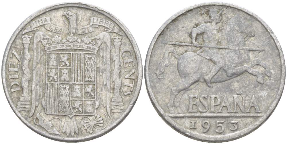 ИСПАНИЯ 10 СЕНТИМО 1953 РЫЦАРЬ НА КОНЕ KM 766 алюминий 4523-452