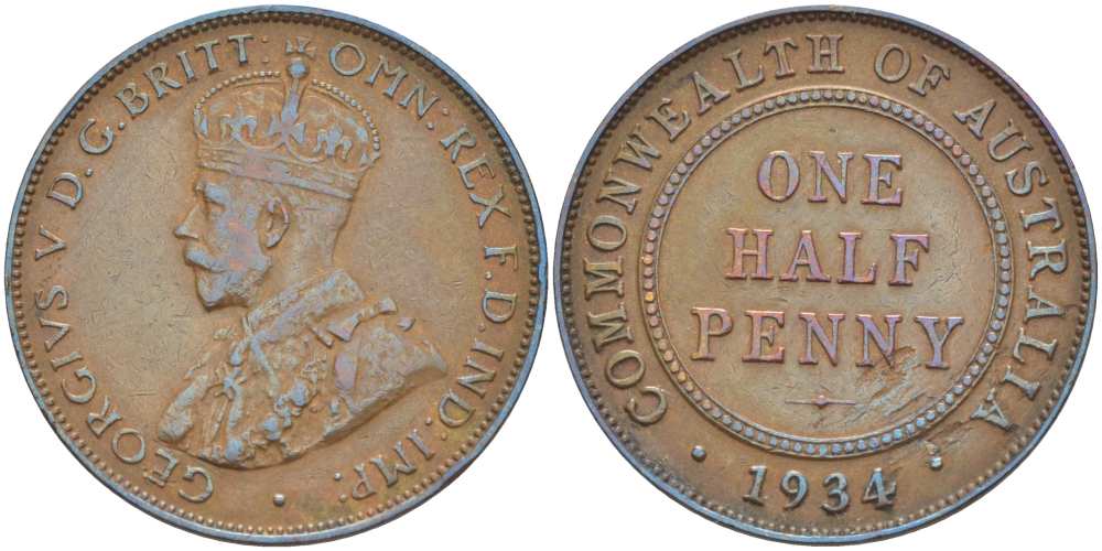 АВСТРАЛИЯ 1/2 ПЕННИ 1934 m, ГЕОРГ V (1910-1936) KM 22 бронза 4514-622