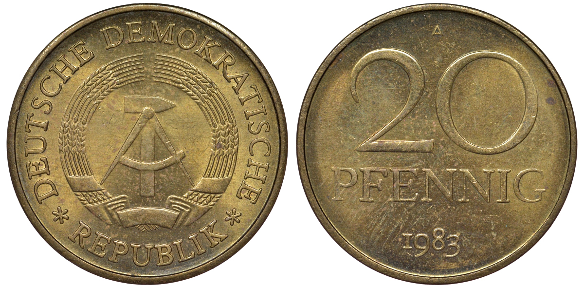 ГДР 20 пфеннигов 1983 А KM 11 латунь 62-1057