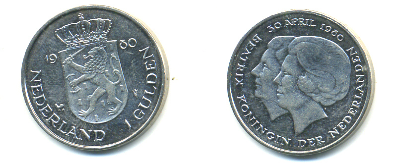 Нидерланды 1 гульден 1980 на коронацию Беатрикс, 30 апреля 1980 KM 200 никель 83-825