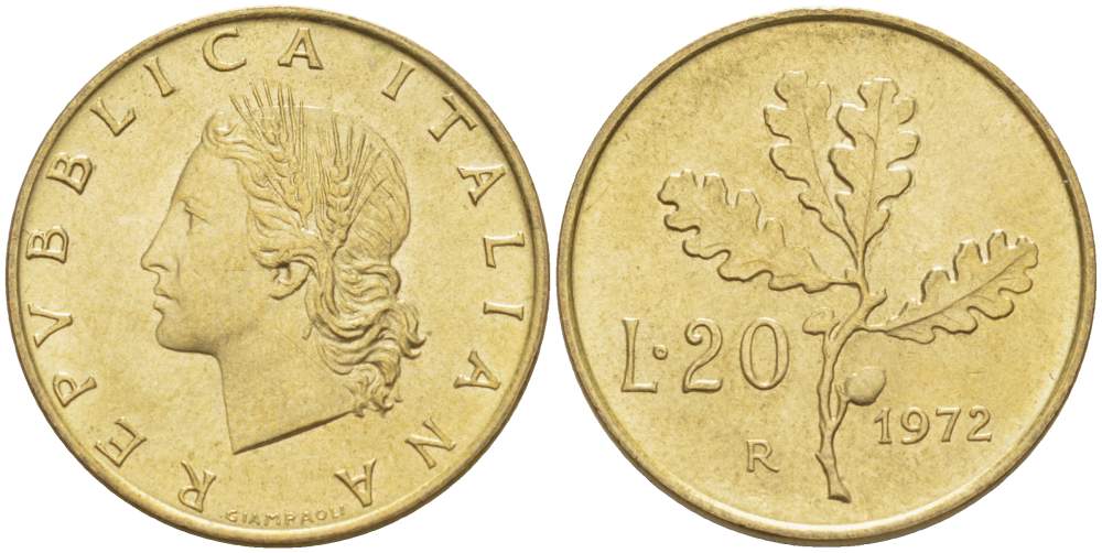 ИТАЛИЯ 20 ЛИР 1972 R, ДУБОВЫЕ ЛИСТЬЯ KM 97.2 алюминиевая бронза 4519-547