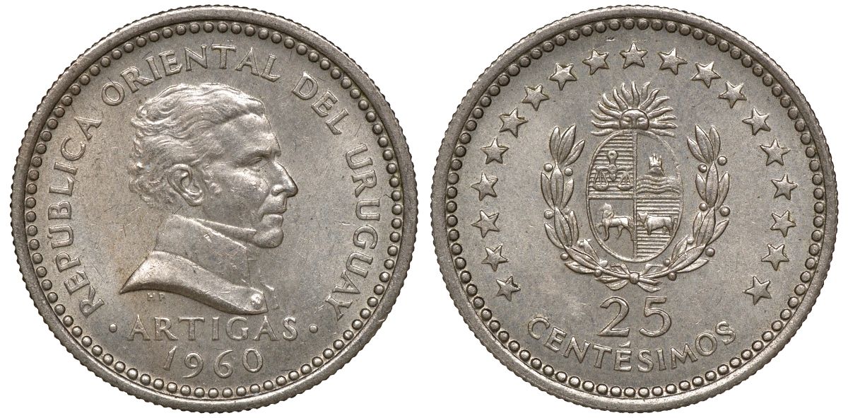 Уругвай 25 сентесимо 1960 KM 40 медно-никель 4169-1014