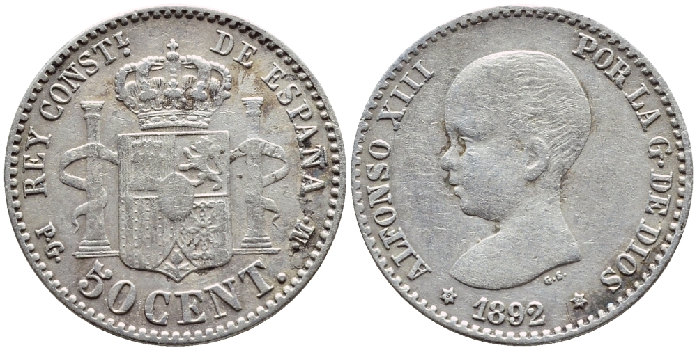 ИСПАНИЯ 50 СЕНТИМО 1892 (92) PG-M, АЛЬФОНСО XIII KM 690 серебро 443-534
