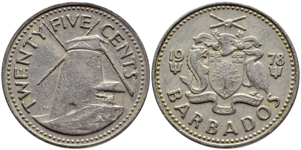 Барбадос 25 центов 1978 ветряная мельница Моргана Льюиса KM 13 медно-никель 4398-347