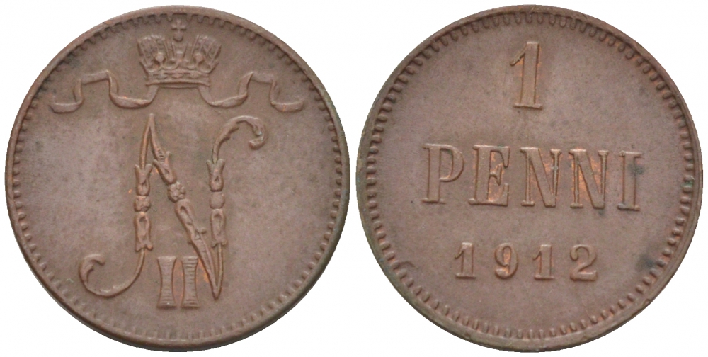 Россия для Финляндии 1 пенни 1912 Николай II (1894-1917) KM 13, Биткин 472 медь 4396-1358