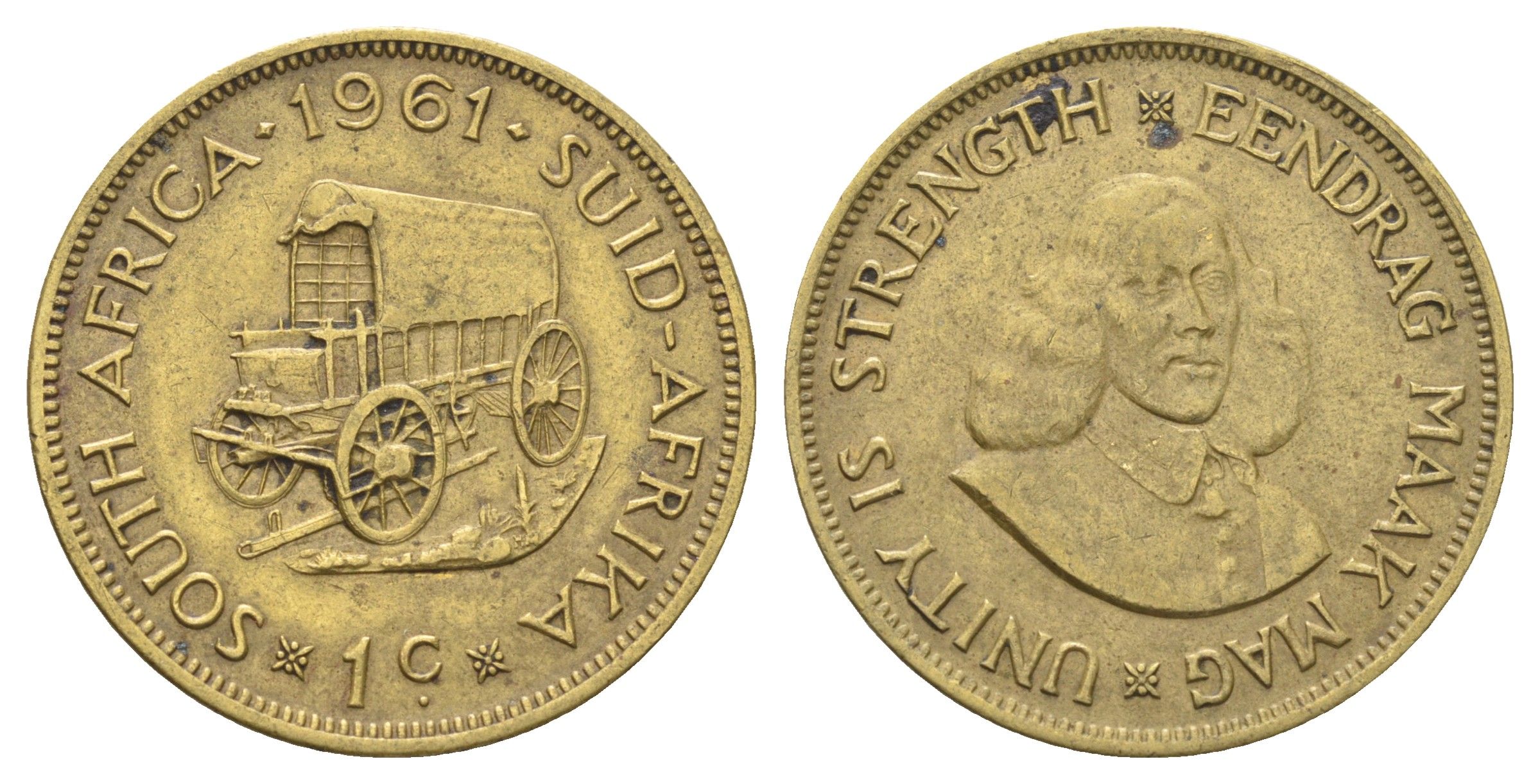 ЮАР 1 цент 1961 Ян Ван Рибек (1619-1677), голландский исследователь, мореплаватель, основатель Г. Кейптауна, две птички на ветке с ягодами KM 57 латунь 4692-1043