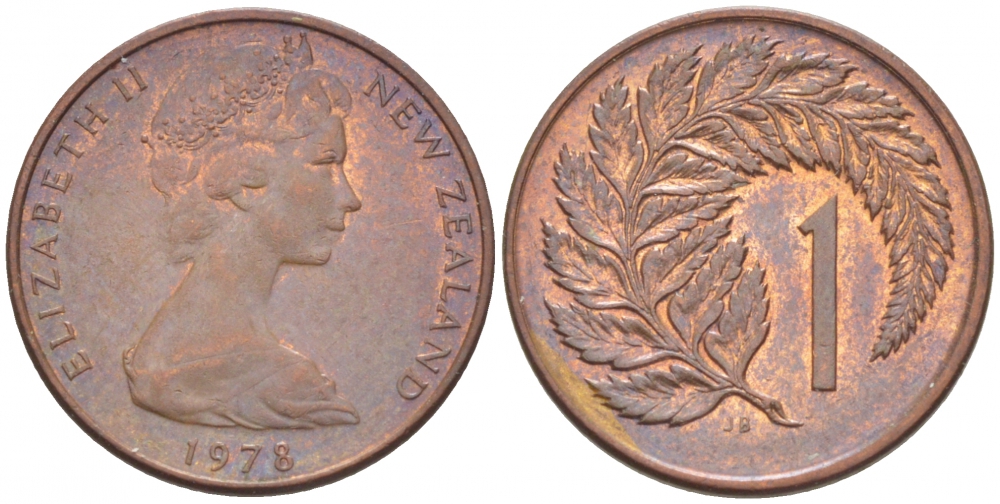 Новая Зеландия 1 цент 1978 Елизавета II (1952-2022), лист папоротника KM 31.1 бронза 214-833