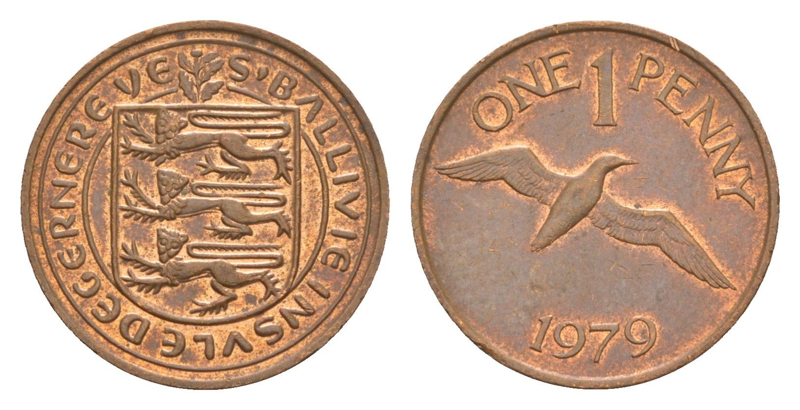 Гернси 1 пенни 1979 Елизавета II (1952-2022), северная олуша в полете KM 27 бронза 4655-941