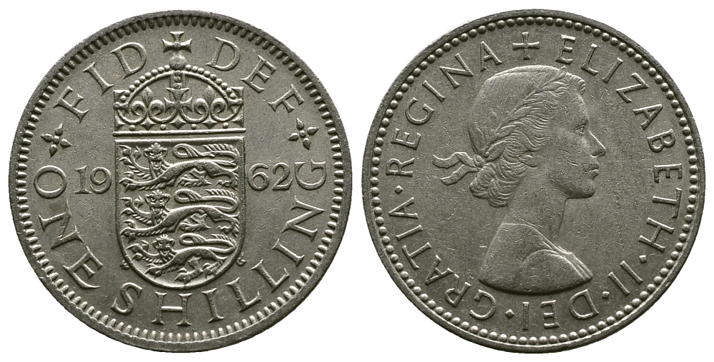 Великобритания 1 шиллинг 1962 Елизавета II (1952-2022), Английский герб KM 904, Spink 4147 медно-никель 4384-443