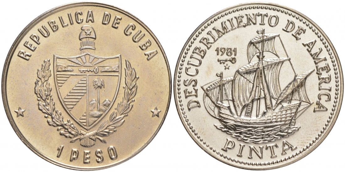Куба 1 песо 1981 500 лет открытию Америки - "Пинта" KM 67 медно-никель  BU   1526-811 M35-8