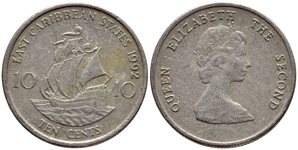 Восточно-Карибские штаты 10 центов 1992 Елизавета II (1952-2022), парусник KM 13 медно-никель 4396-622