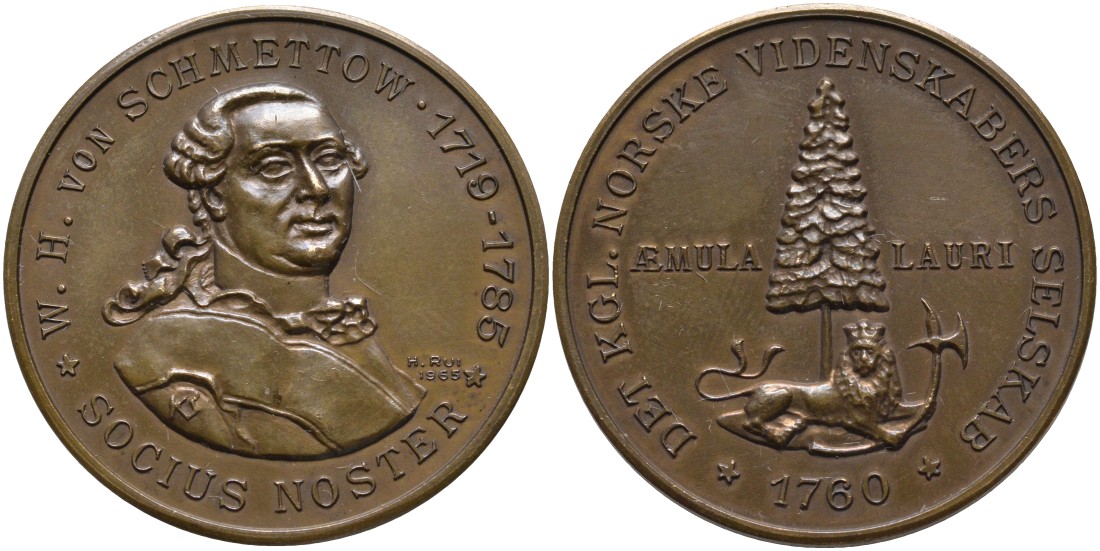 Норвегия медаль 1965 ВАЛЬДЕМАР ГЕРМАН фон ШМЕТТОУ (1719-1785), СОЮЗНИК, НОРВЕЖСКАЯ АКАДЕМИЯ НАУК ОСНОВАНА В 1760 годУ В ТРОНХЕЙМЕ, медальер H. RUI, диаметр 35 мм. бронза 4552-212